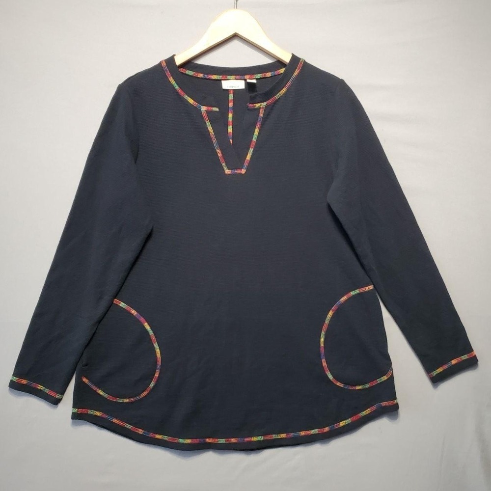 LOGO Lounge Shirt Womens Small Gray Thermal Tunic Rainbow Trim Pockets Boho‎
